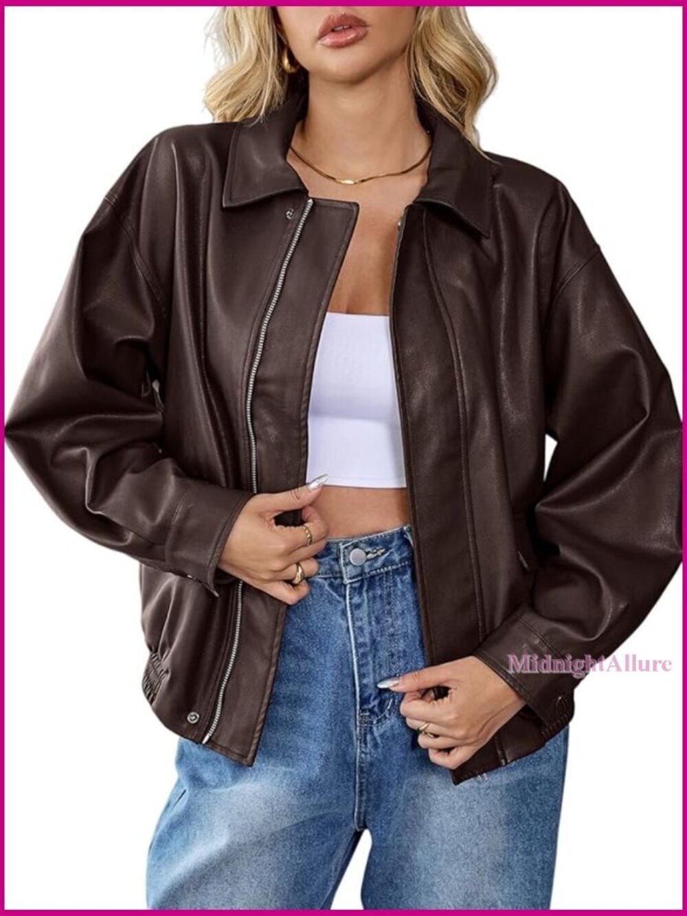 Oversized Faux Leather Bomber Jacket with Zip Closure and Side Pockets